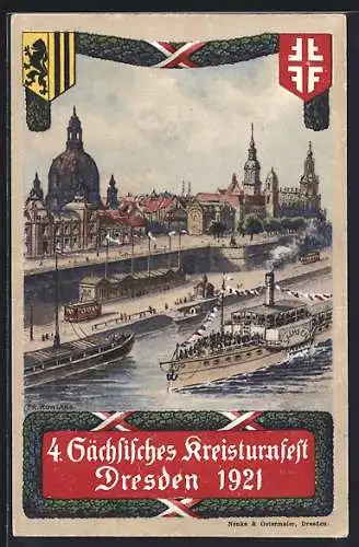 AK Dresden, 4. Sächsisches Kreisturnfest 1921, Ortsansicht, Strassenbahn, Dampfer Sachsen, Wappen