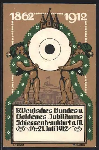 AK Frankfurt a. Main, 17. Deutsches Bundes- & Goldenes Jubiläums-Schiessen 1912, Knaben mit Zielscheibe, Festplatz