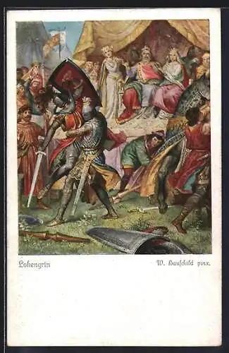 Künstler-AK W. Hauschild: Richard Wagner, Lohengrin, Ritterkampf