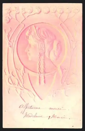 Präge-AK Frau mit prächtigem Kopfschmuck im Profil, Jugendstil