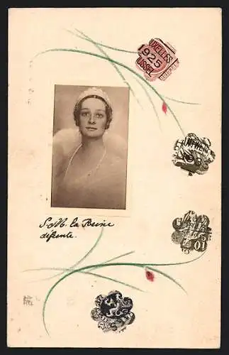 AK Königin Astrid von Belgien, Blumen, Briefmarkencollage