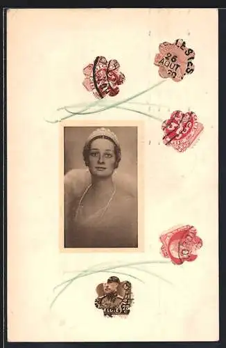 AK Königin Astrid von Belgien, Blüten, Briefmarkencollage