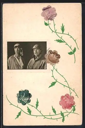 AK König Albert I. und Königin Elisabeth von Belgien, Blumen, Briefmarkencollage