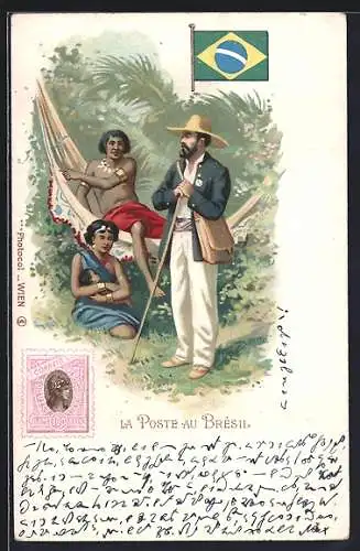 Lithographie Brasilien, Briefträger bei einer Indio-Familie