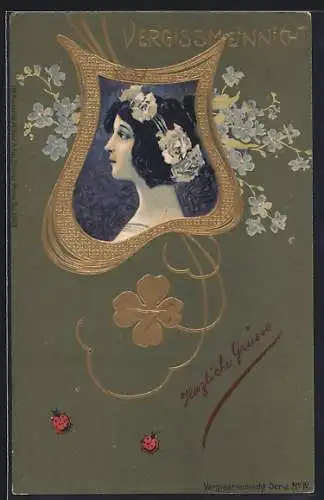 AK Damenportrait mit Blüten, Jugendstil
