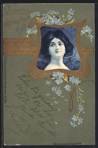 AK Vergiss-Meinnicht - Frauenportrait mit Blüten und Ornamenten, Jugendstil