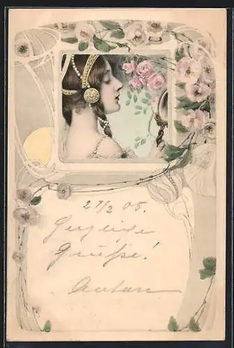 AK Jugendliche Schönheit betrachtet sich im Spiegel, Jugendstil