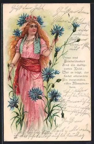 Präge-AK Rothaarige Königin und Kornblumen, Jugendstil