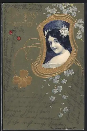 Lithographie Jugendstil, Vergiss Mein Nicht, junge Frau in goldenem Rahmen mit Blumen