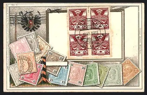 Präge-AK Briefmarken und Wappen