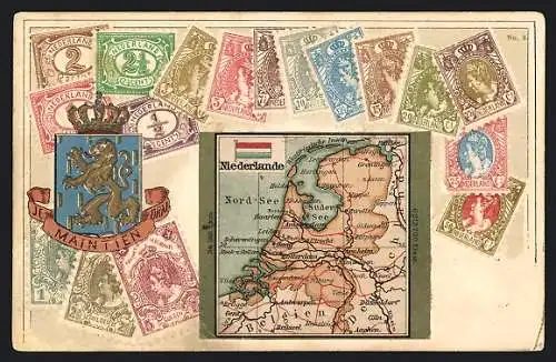 Präge-AK Niederlande, Briefmarken und Landkarte mit Wappen