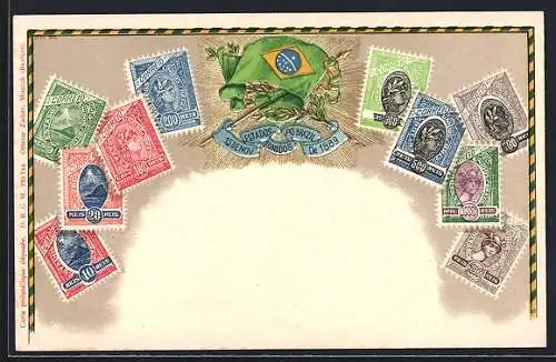 AK Brasilien, Briefmarken und Landes-Wappen