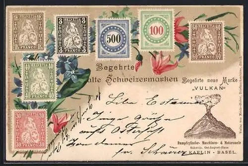 Präge-AK Schweizer, Briefmarken und Reklame für Motoröle Vulkan