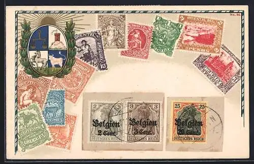 AK Belgien, Briefmarken und Wappen mit einer Sonne