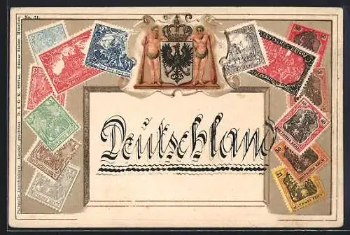 Präge-AK Deutschland, Briefmarken und Wappen mit Reichsadler