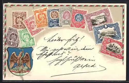 Präge-AK Mexico, Briefmarken und Landeswappen