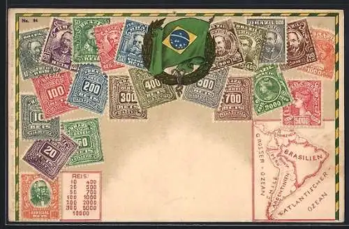 AK Briefmarken, Kranz mit brasilianischer Flagge