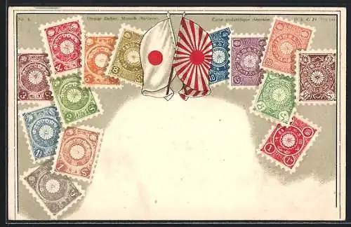 AK Japan, verschiedene Briefmarken, Flaggen des Landes