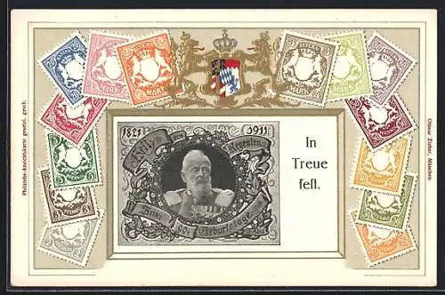 AK Bayern, Zum 90. Geburtstage des Prinzregenten Luitpold 1821-1911, Briefmarken