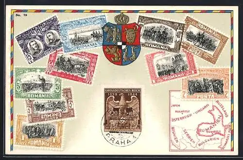 AK Romania, Briefmarken und Landeswappen