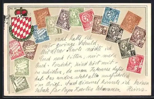 AK Monaco, Briefmarken und Landeswappen