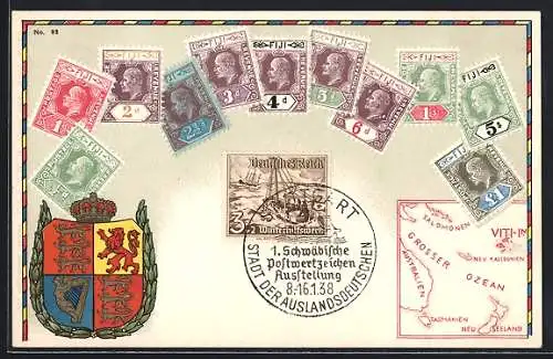 AK Fiji, Briefmarken, Wappen und Landkarte