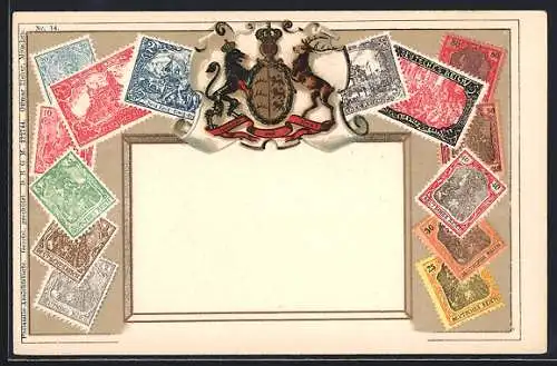 Lithographie Briefmarken des Deutschen Reiches und Wappen