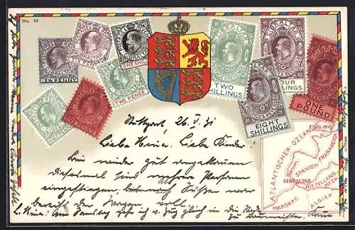 AK Gibraltar, Briefmarken, Wappen und Landkarte