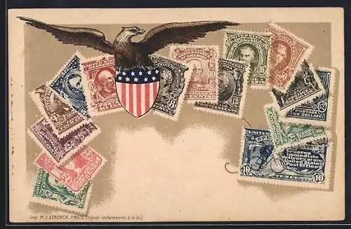 AK USA, versch. Briefmarken, Adler mit Wappenschild