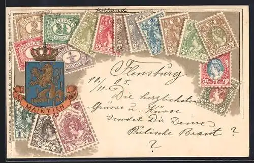 Präge-AK Niederlande, Briefmarken und Landeswappen