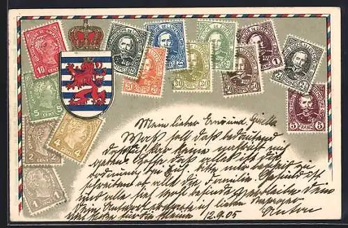 Präge-AK Luxemburg, Briefmarken und Landeswappen