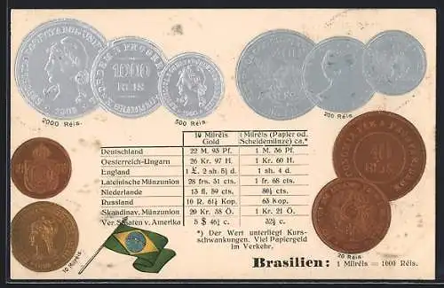 Präge-AK Brasilien, Brasilianische Geldmünzen, Landesflagge und Umrechnungstabelle
