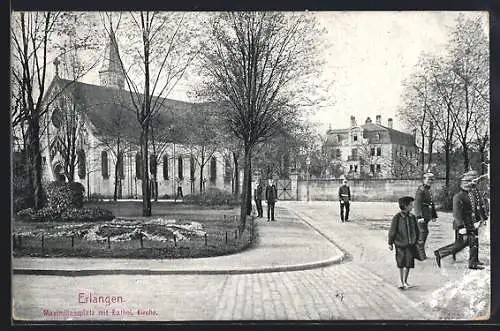 AK Erlangen, Maximiliansplatz mit Kathol. Kirche