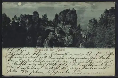 Mondschein-AK Bastei, Die Basteibrücke bei Nacht
