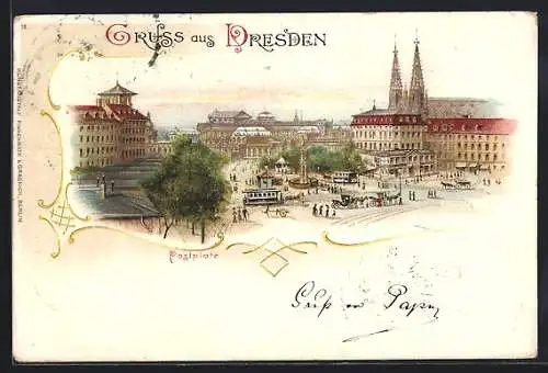 Lithographie Dresden, Blick auf den Postplatz