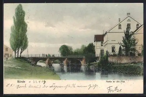 AK Bünde i. W., Partie an der Else mit Brücke und weissem Haus