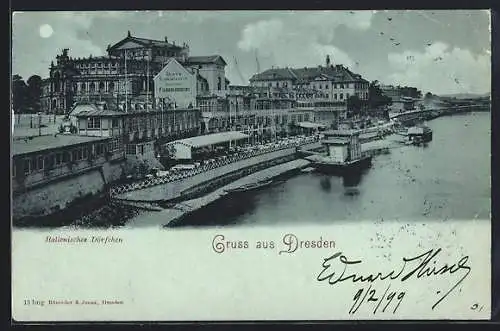 Mondschein-AK Dresden, Italienisches Dörfchen bei Nacht