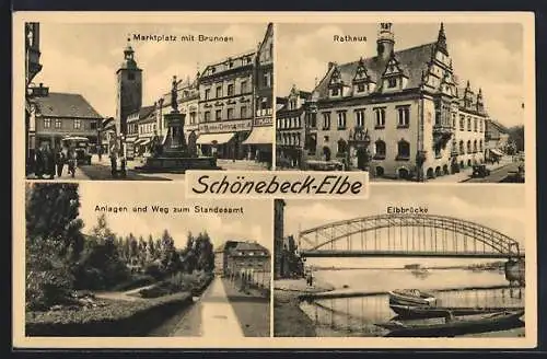 AK Schönebeck / Elbe, Weg zum Standesamt, Marktplatz mit Brunnen, Rathaus, Elbbrücke