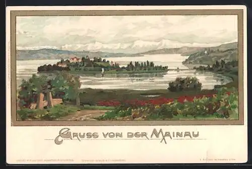 Künstler-AK K. Mutter: Insel Mainau, Uferpartie mit Blick auf die Insel