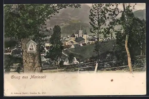 AK Mariazell, Ortsansicht von einer Anhöhe aus, Marienbild