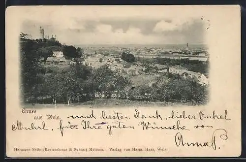 AK Wels, Ortsansicht vom Hügel aus