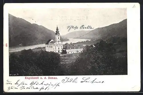 AK Engelhartszell a. d. Donau, Stift Engelszell und Talblick mit der Donau