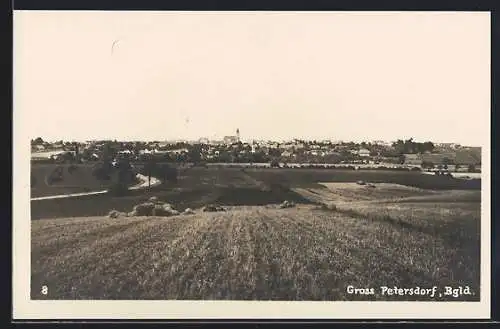 AK Gross Petersdorf /Burgenland, Ortspanorama mit Feldern und Landstrasse