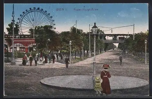 AK Wien II, Prater-Haupt-Allee m. Riesenrad