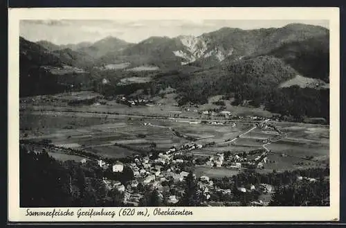 AK Greifenburg /Oberkärnten, Ortsansicht von oben, mit Feldern und Bergpanorama