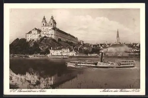 AK Melk in der Wachau, Benediktiner-Abtei und Ort mit Dampfer