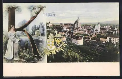 AK Krems a. D., Panorama und Frauen am Buchstaben K