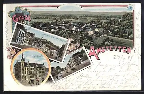 Lithographie Amstetten, Hauptplatz mit Hotel Schmidt, Rathaus, Wiener Strasse