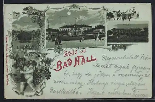 Mondschein-Lithographie Bad Hall, Kurhaus, Trinkhalle, Promenade