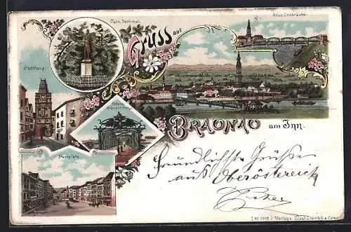 Lithographie Braunau, Palm Denkmal, Stadtplatz, Stadthaus, österr. Brücken Portal, Innbrücke